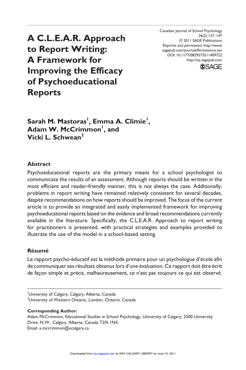 Pdf) A C.l.e.a.r. Approach To Report Writing: A Framework For Psychoeducational Report Template