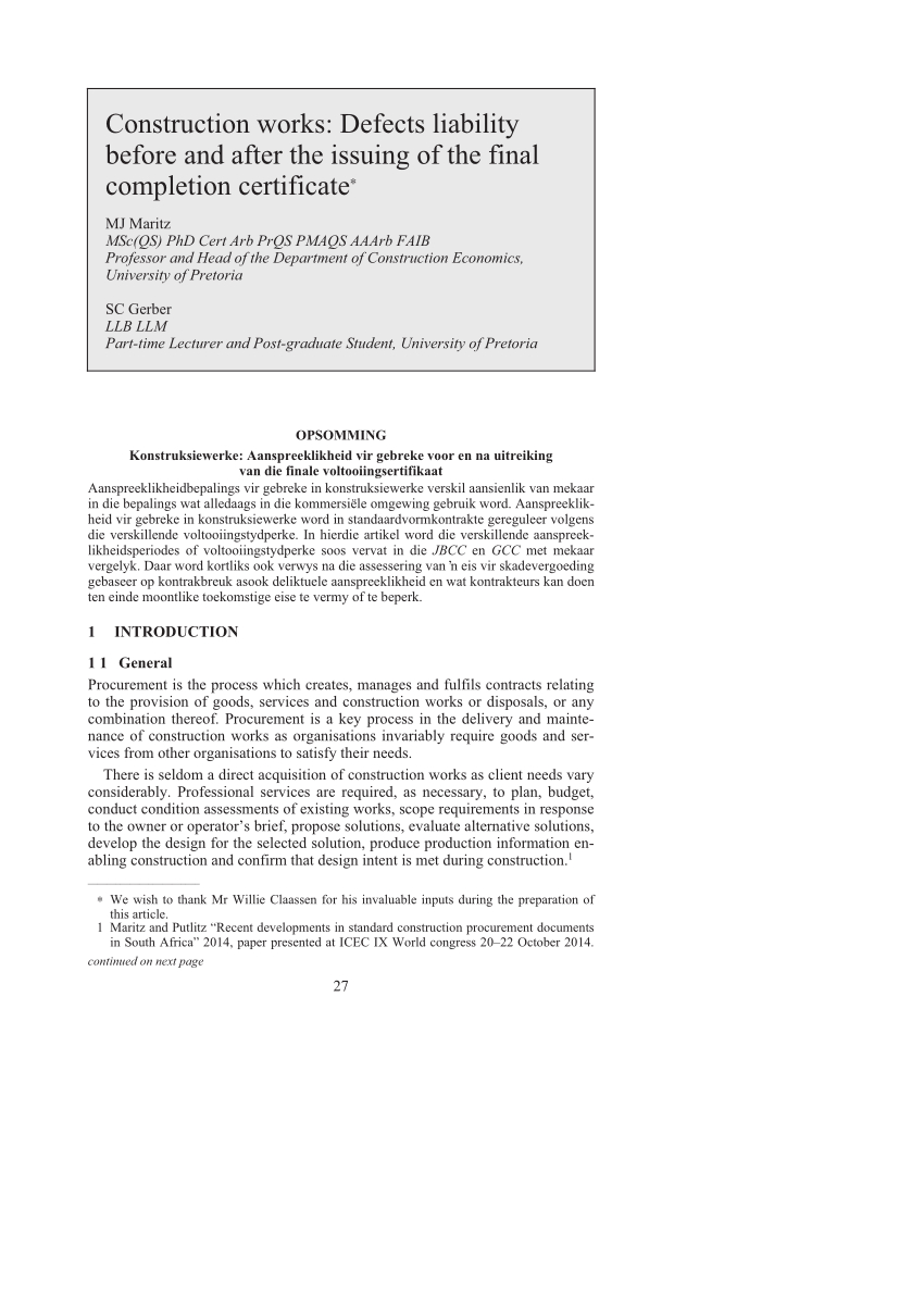 Pdf) Construction Works: Defects Liability Before And After Inside Practical Completion Certificate Template Jct