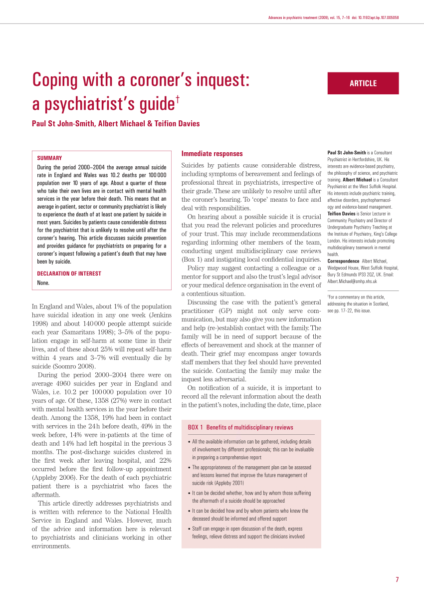 Pdf) Coping With A Coroner's Inquest: A Psychiatrist's Guide With Coroner's Report Template