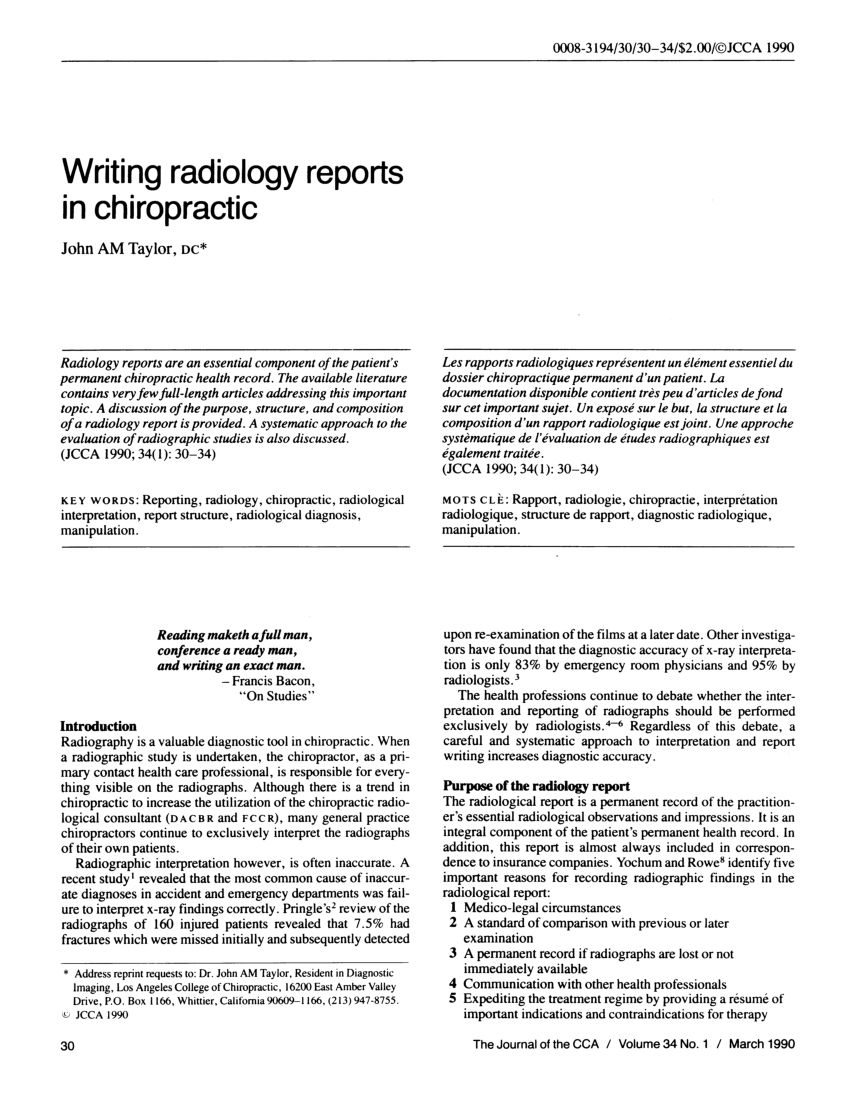 Pdf) Writing Radiology Reports In Chiropractic Throughout Chiropractic X Ray Report Template