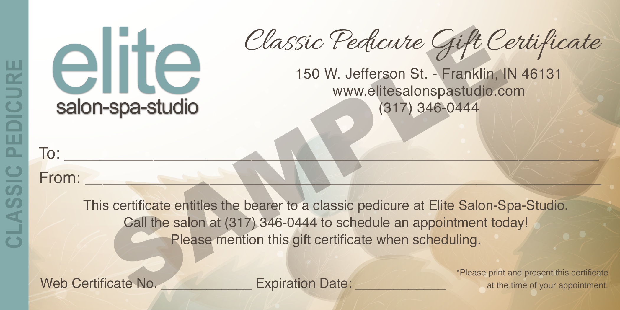 Pedicure Gift Certificate Sample – Elite Salon Spa Studio Intended For Spa Day Gift Certificate Template