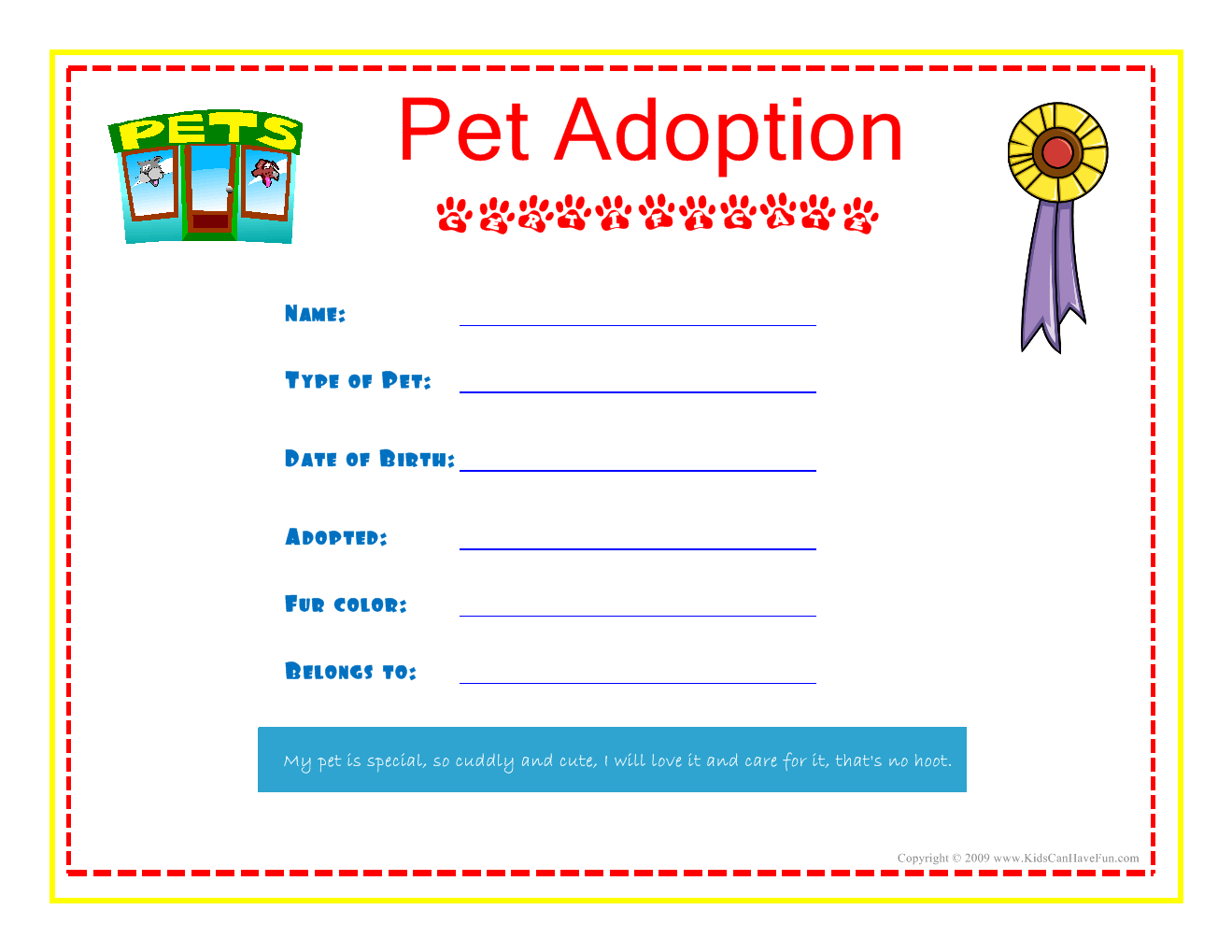 Pet Adoption Certificate For The Kids To Fill Out About Inside Pet Adoption Certificate Template