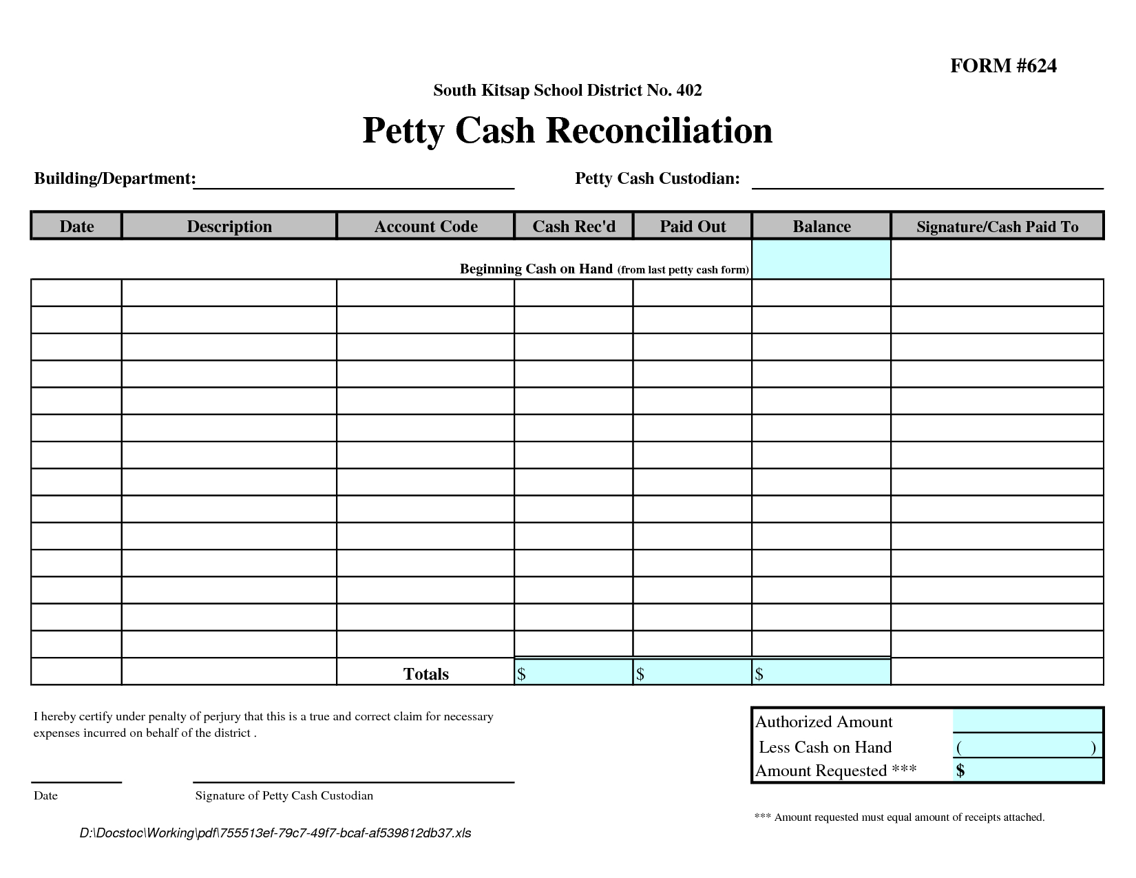 Petty Cash Reconciliation Form Template | Hhh | Attendance In Petty Cash Expense Report Template