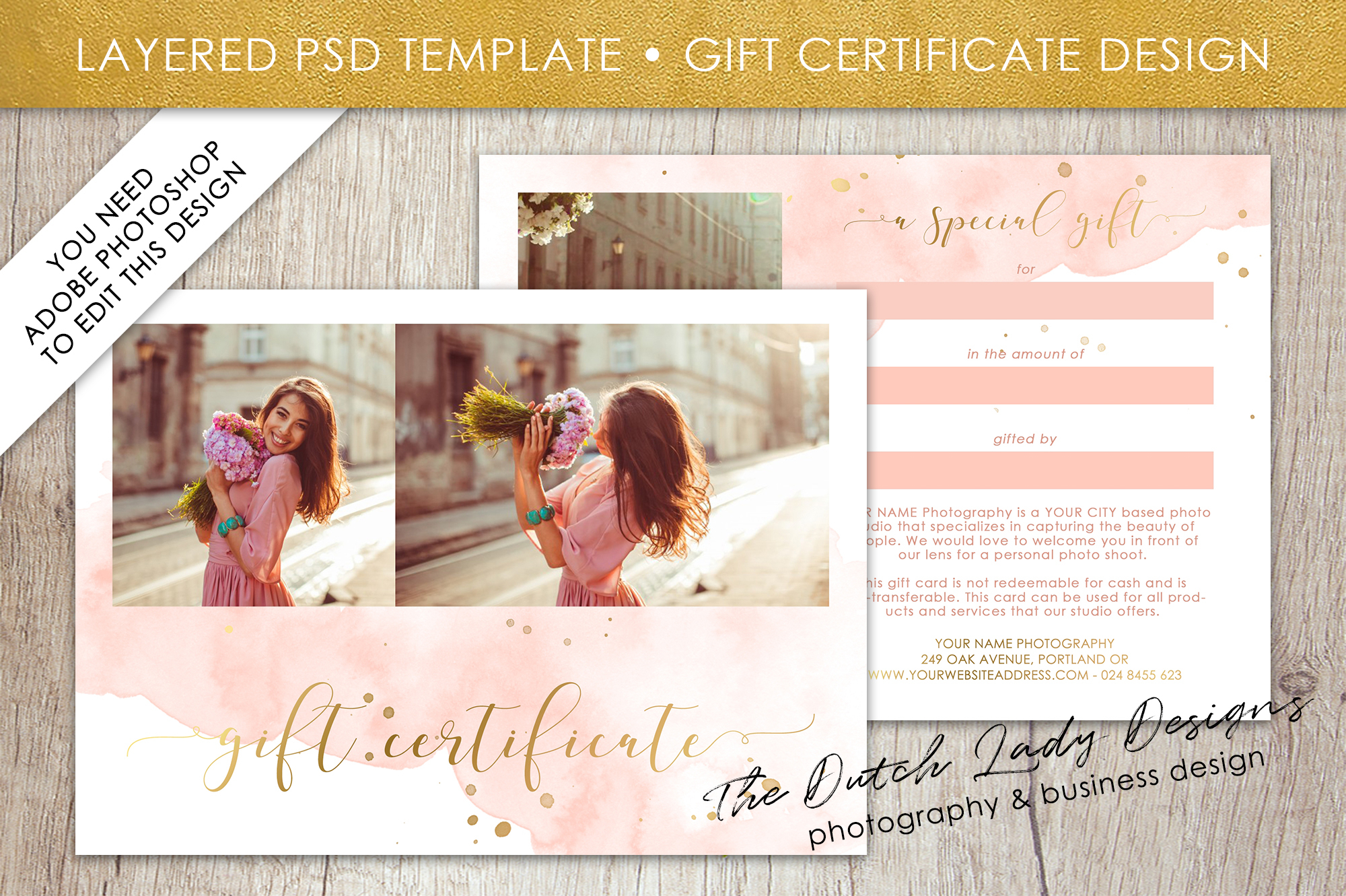 Photography Gift Certificate Template – Photo Gift Card – Watercolor Style  – Layered .psd Files – Design #43 Within Gift Certificate Template Photoshop