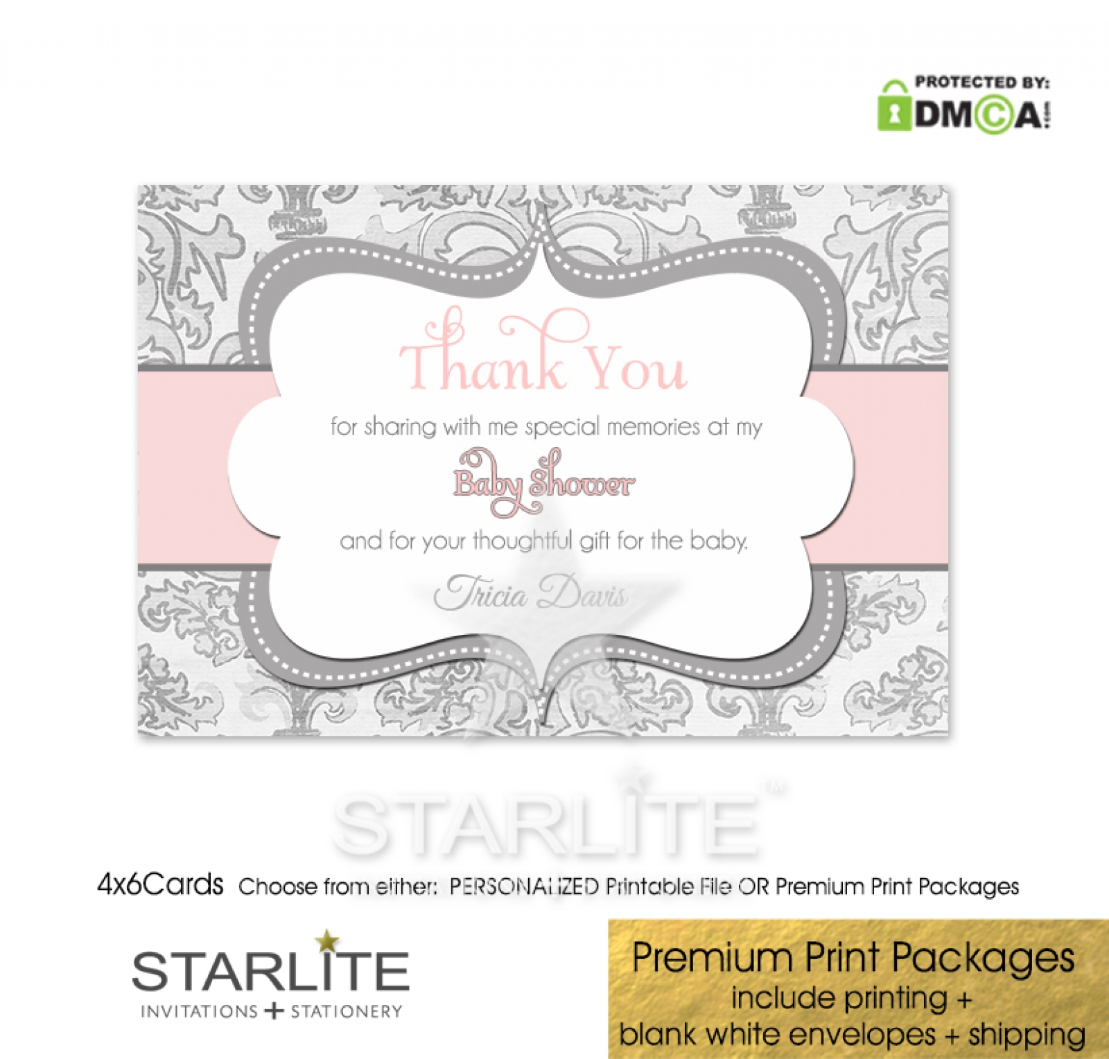 Pink And Gray Grey Shimmer Baby Shower Thank You Card Baby Girl 4X6 Regarding Template For Baby Shower Thank You Cards