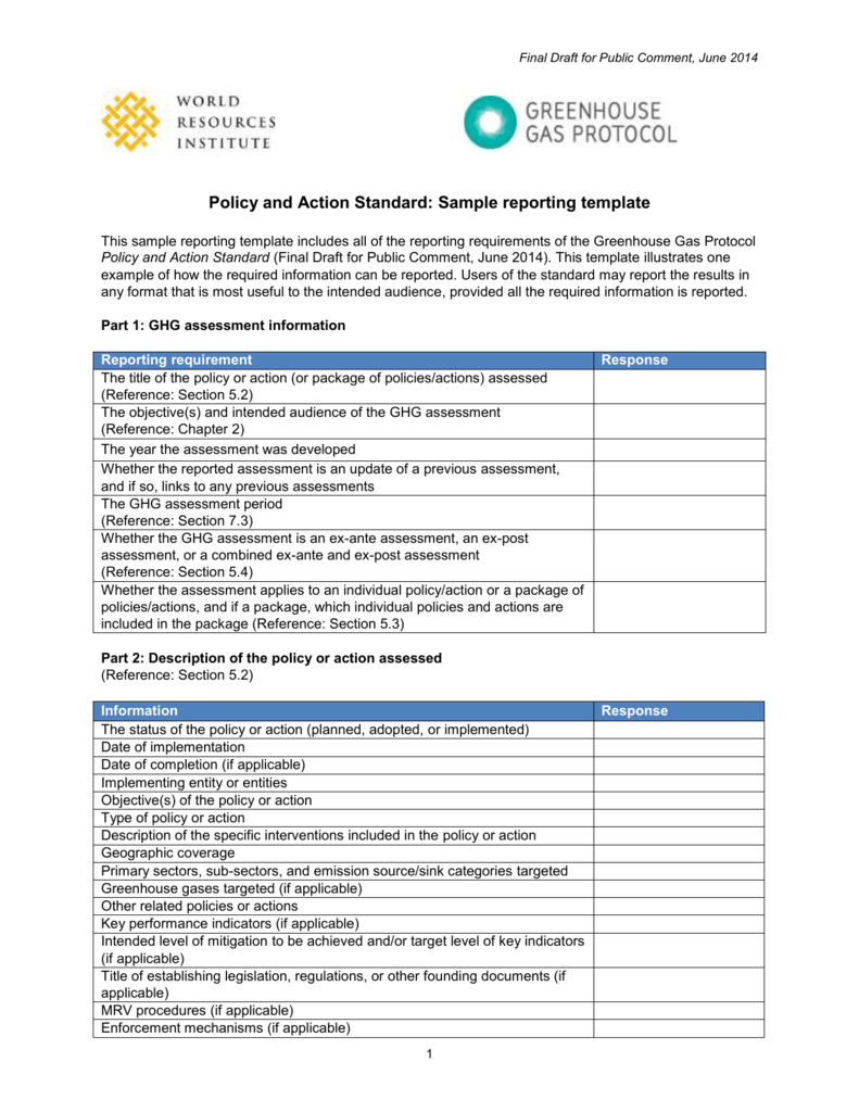 Policy And Action Standard – Sample Reporting Template In Reporting Requirements Template