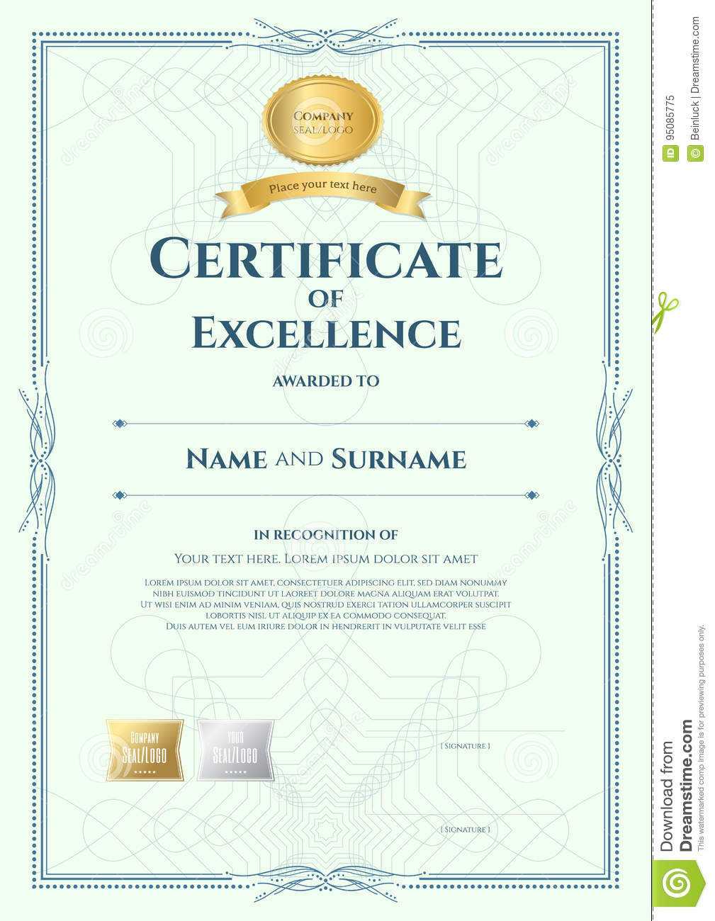 Portrait Certificate Of Excellence Template With Award Inside Award Of Excellence Certificate Template