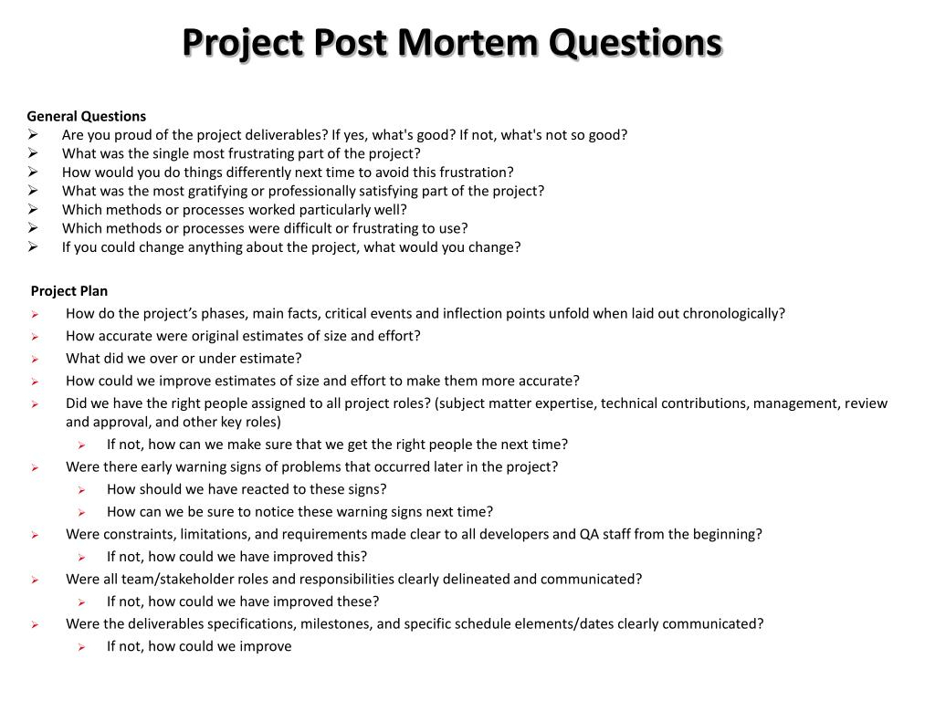 Ppt – Project Post Mortem Questions Powerpoint Presentation Intended For Post Mortem Template Powerpoint