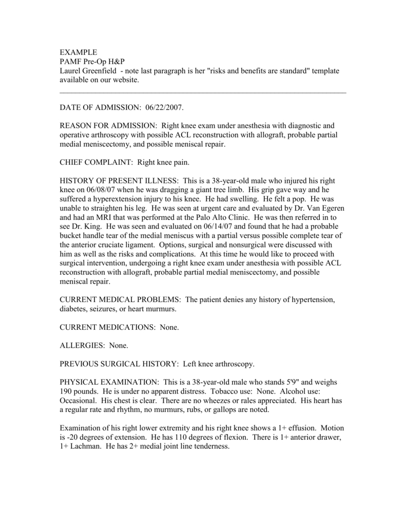 Preop H&p Sample With Operative Report Template