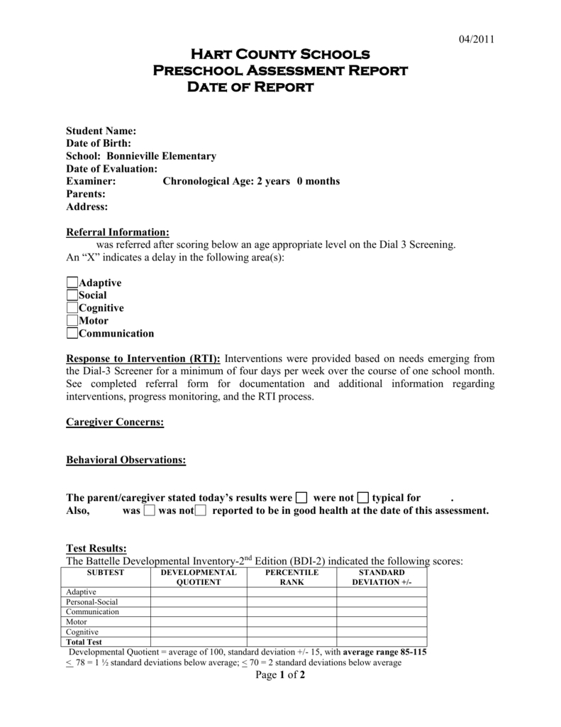 Preschool Evaluation Report Template Intended For In Intervention Report Template