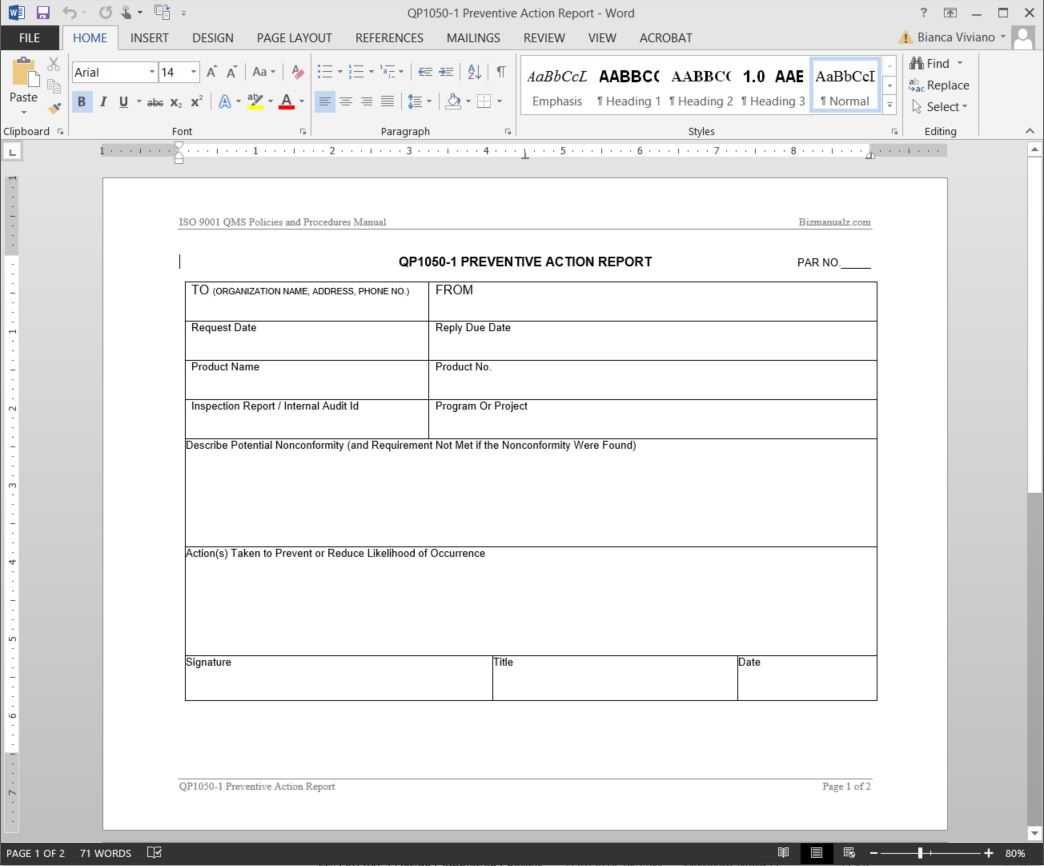 Preventive Action Report Iso Template | Qp1050 1 With Regard To Corrective Action Report Template