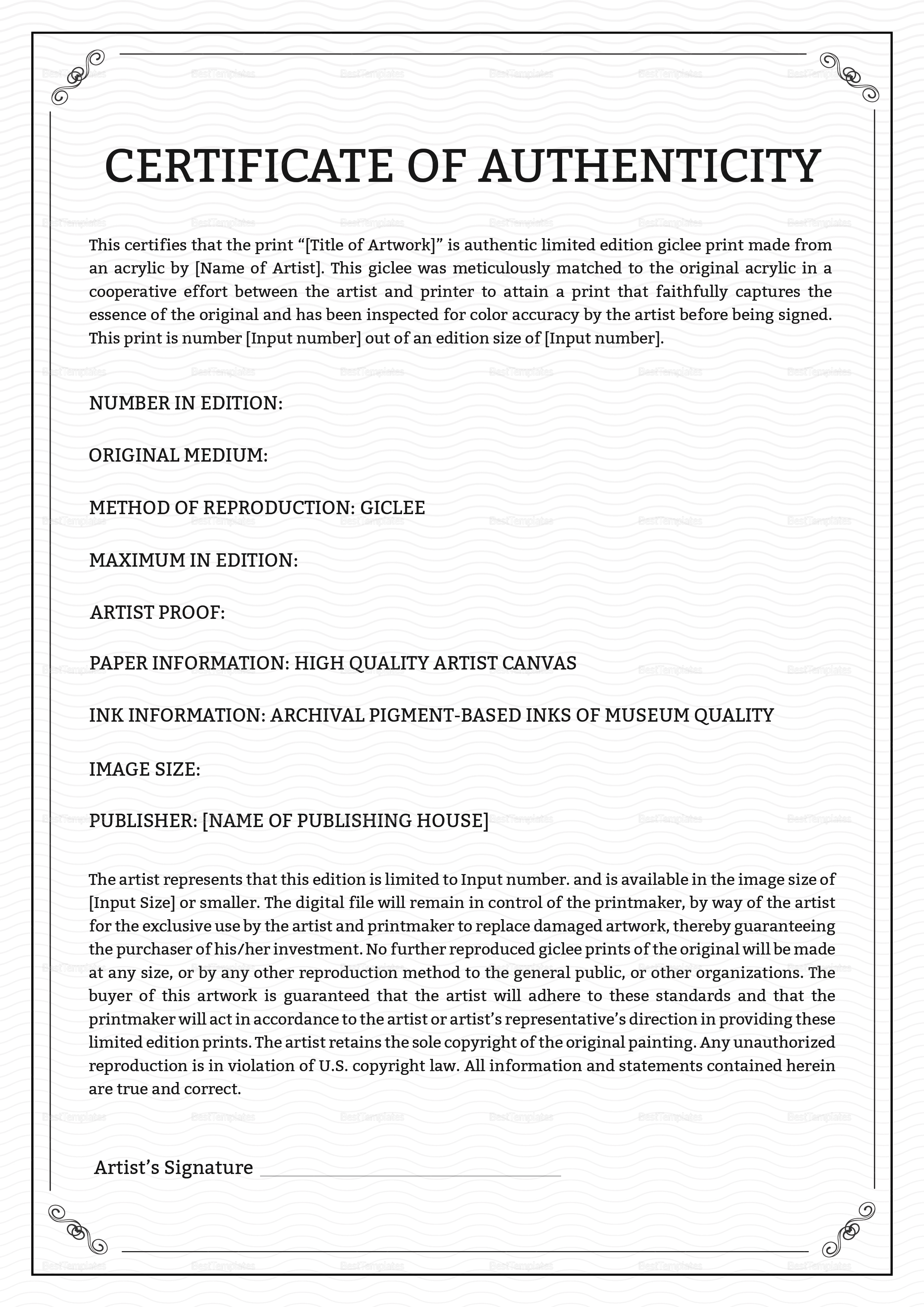 Print Authenticity Certificate Template Pertaining To Certificate Of Authenticity Photography Template