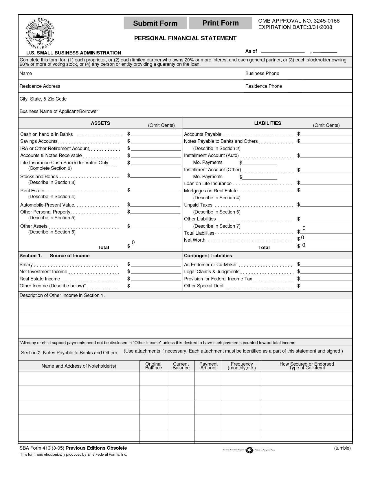 Print Personal Financial Statement Form | Print Form With Blank Personal Financial Statement Template