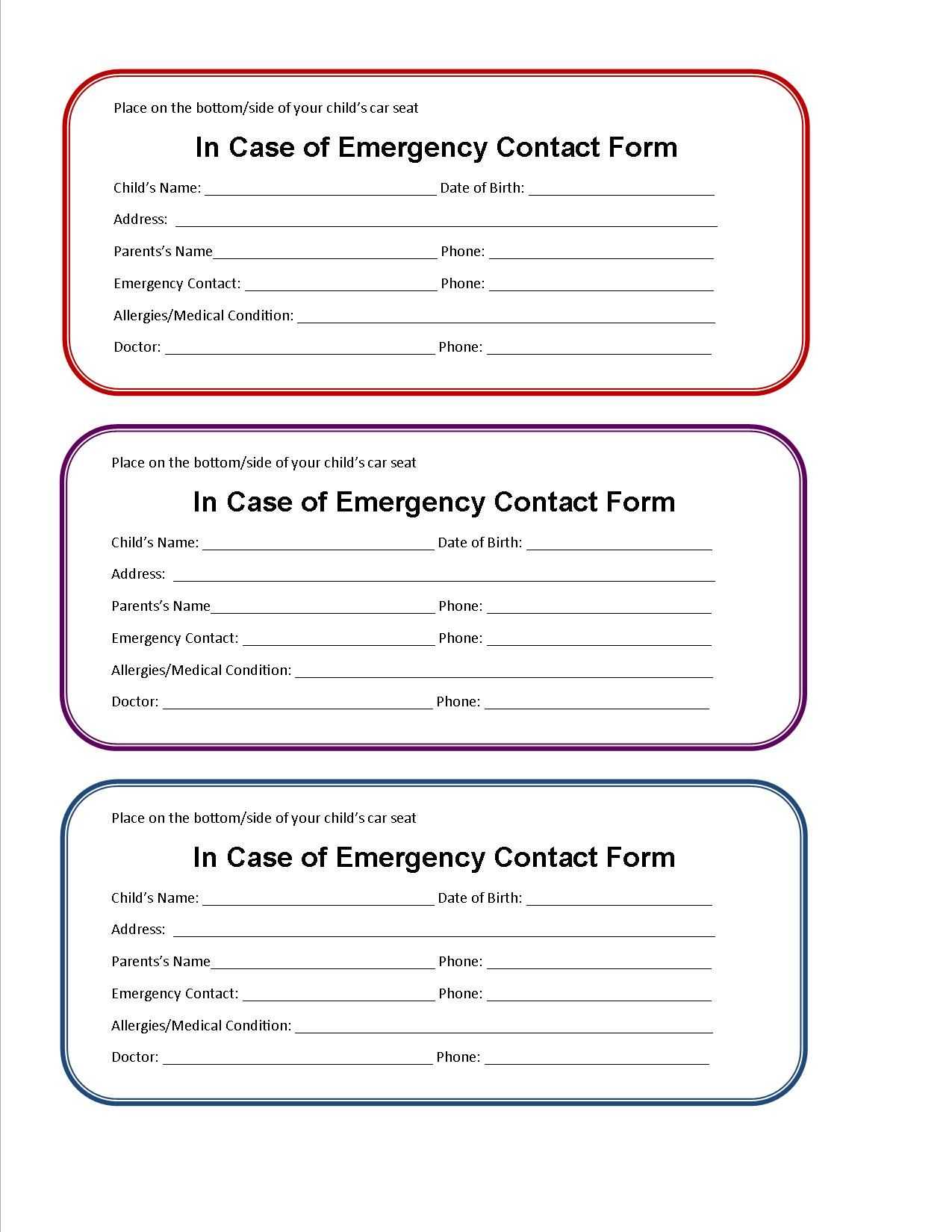 Printable Emergency Contact Form For Car Seat | Super Mom I Inside Emergency Contact Card Template