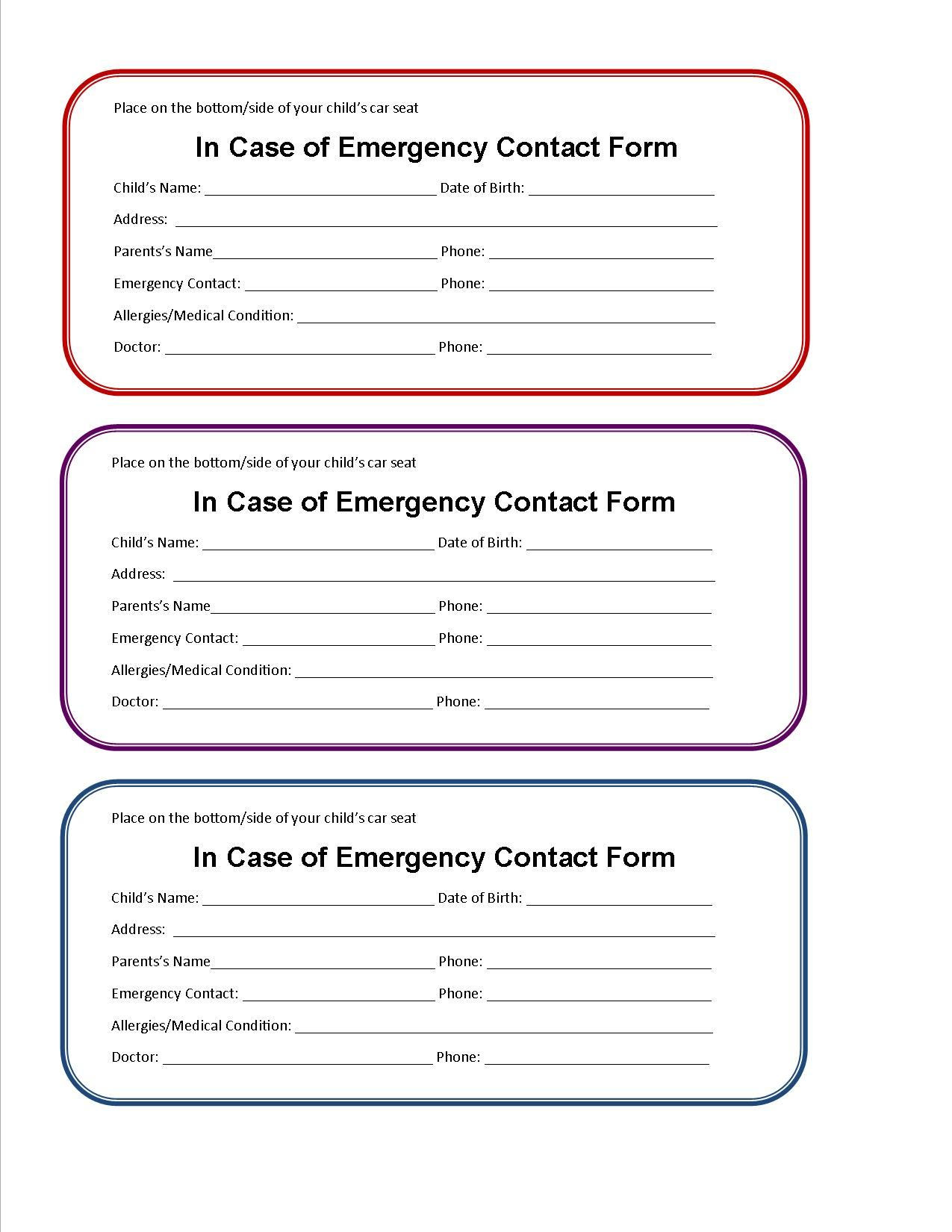 Printable Emergency Contact Form For Car Seat | Super Mom I Pertaining To In Case Of Emergency Card Template