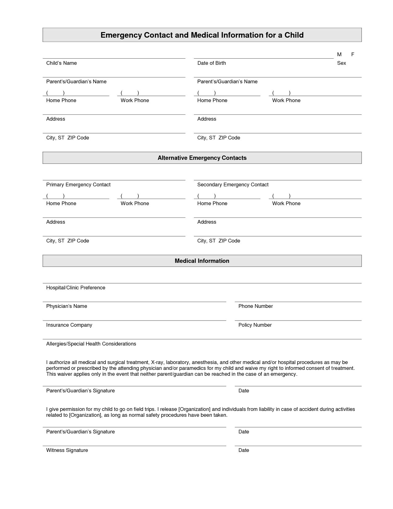 Printable Emergency Contact Form Template | Daycare Forms Throughout Student Information Card Template