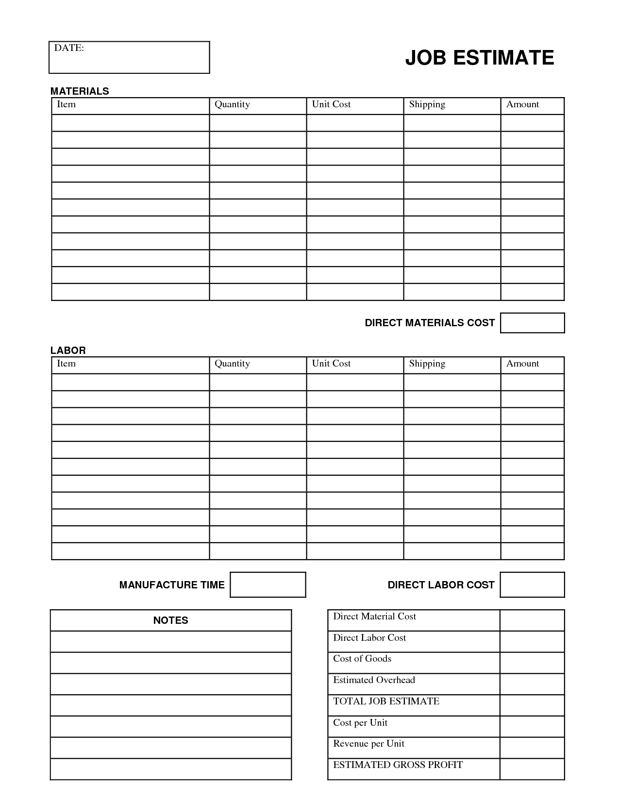 Printable Job Estimate Forms | Job Estimate Free Office Form Within Blank Estimate Form Template