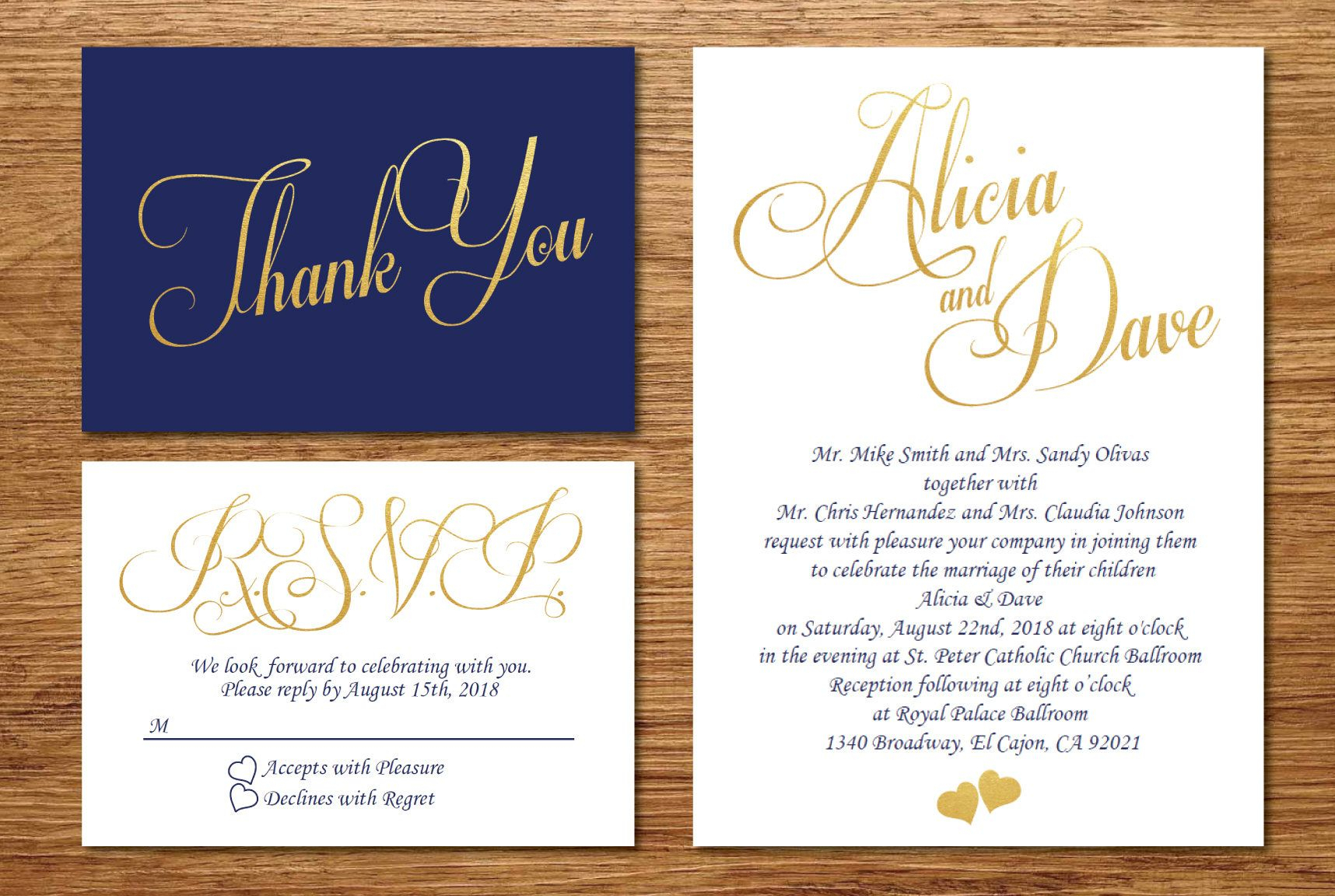 Printable Navy Blue And Gold Wedding Invitation/wedding Inside Wedding Card Size Template