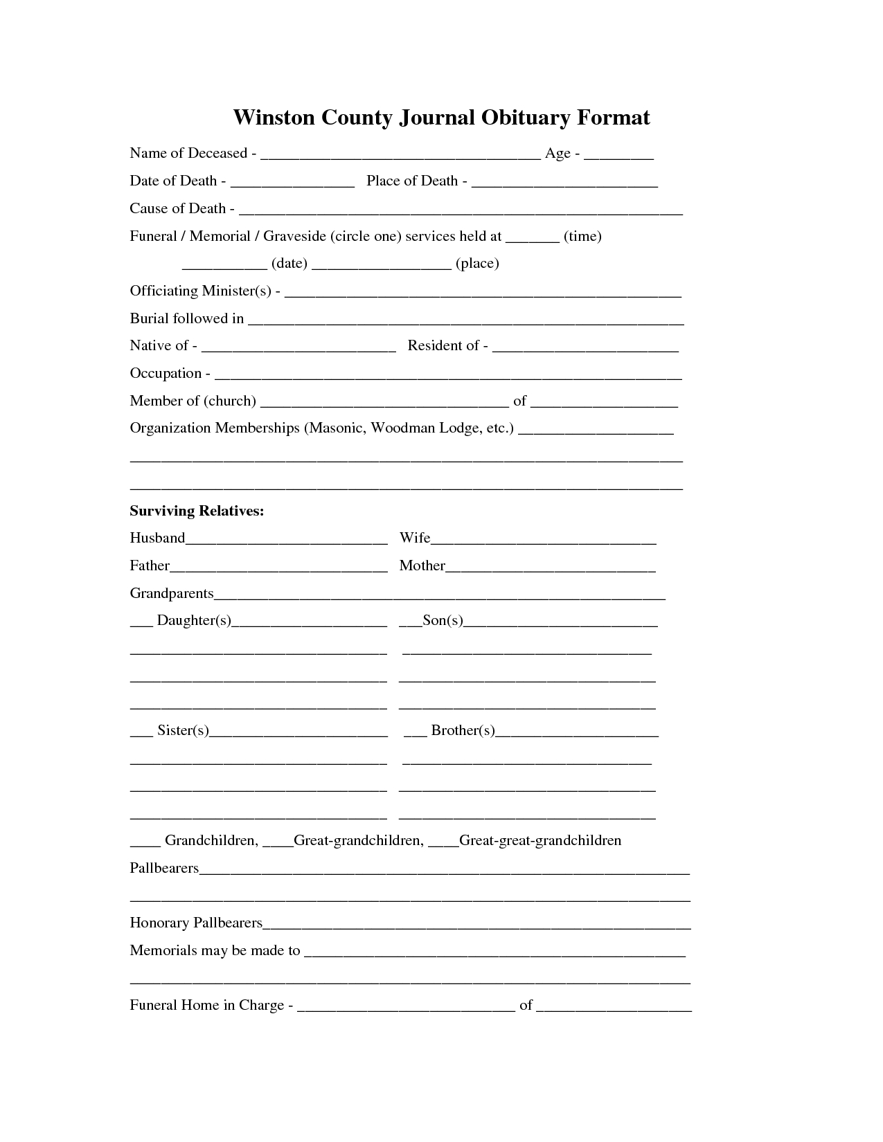 Printable Obituary Template | Fill In The Blank Obituary For Fill In The Blank Obituary Template