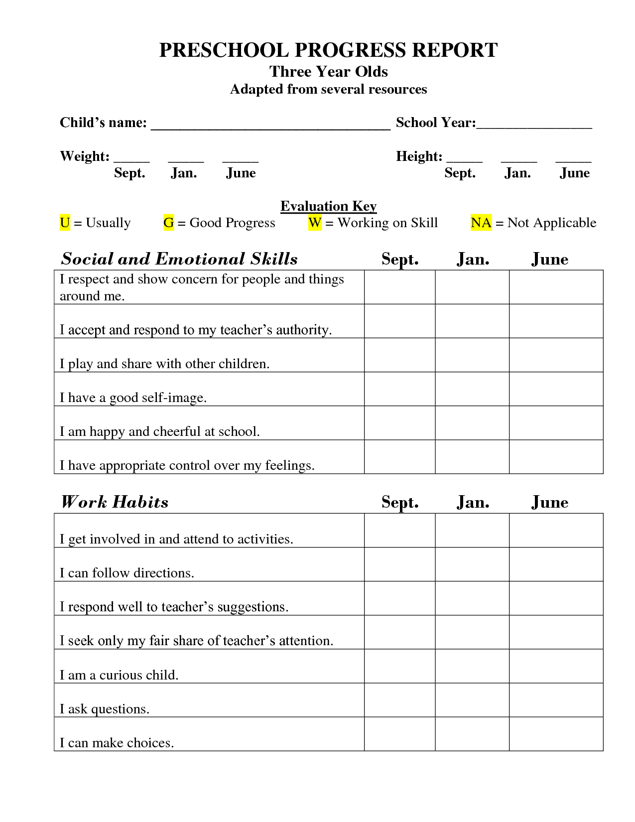 Printable Preschool Progress Report Template | Kg Inside Preschool Progress Report Template