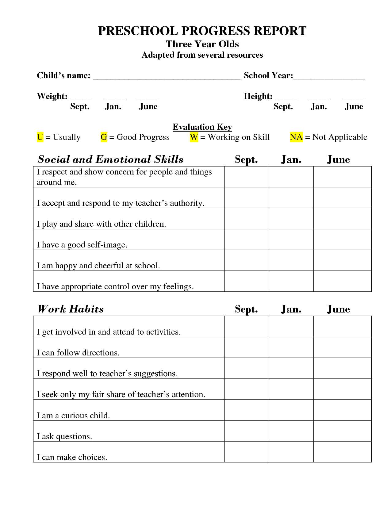 Printable Preschool Progress Report Template | Kg Within School Report Template Free