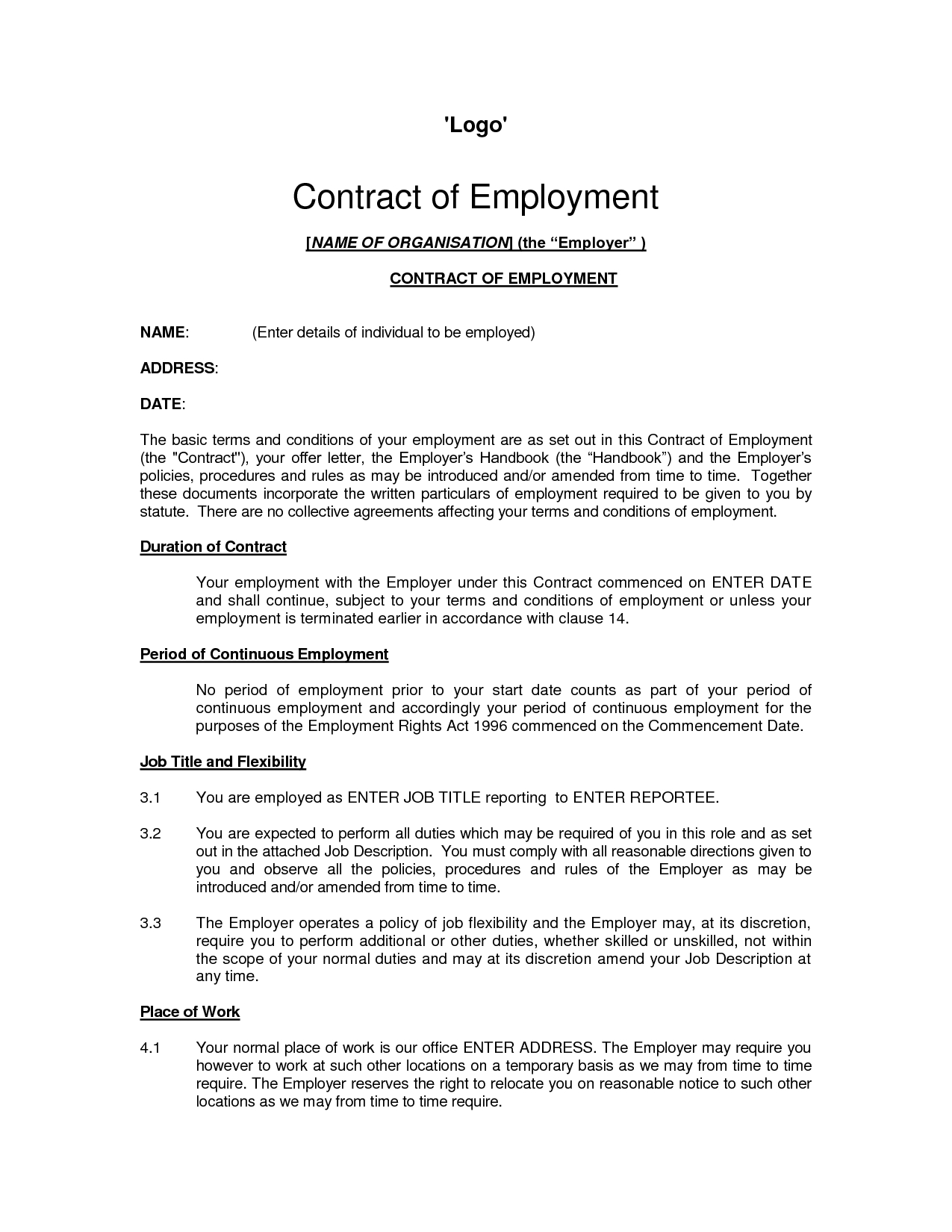 Printable Sample Employment Contract Sample Form | Laywers Throughout Nanny Contract Template Word