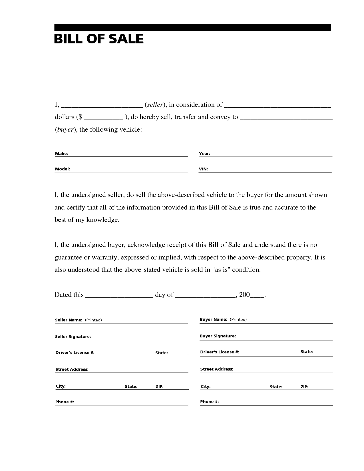 Printable Sample Free Car Bill Of Sale Template Form In 2019 Regarding Car Bill Of Sale Word Template