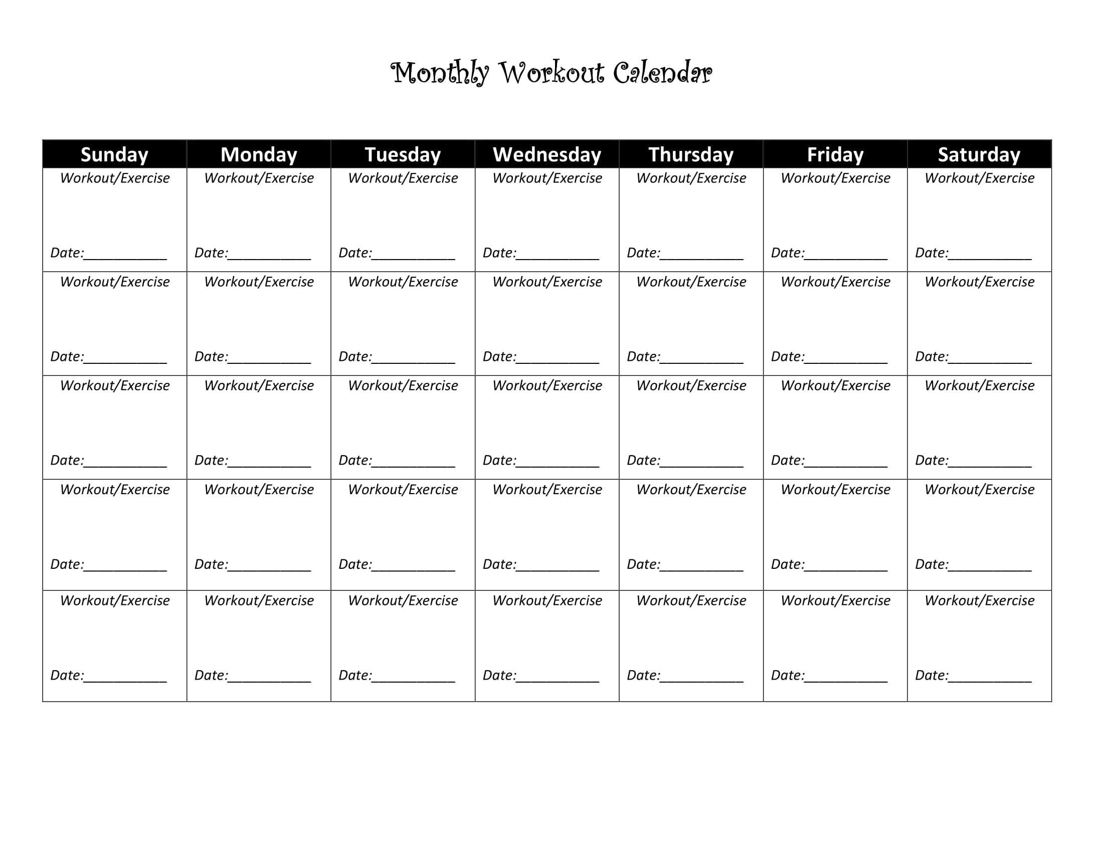 Printable Workout Calendar Regarding Blank Workout Schedule Template