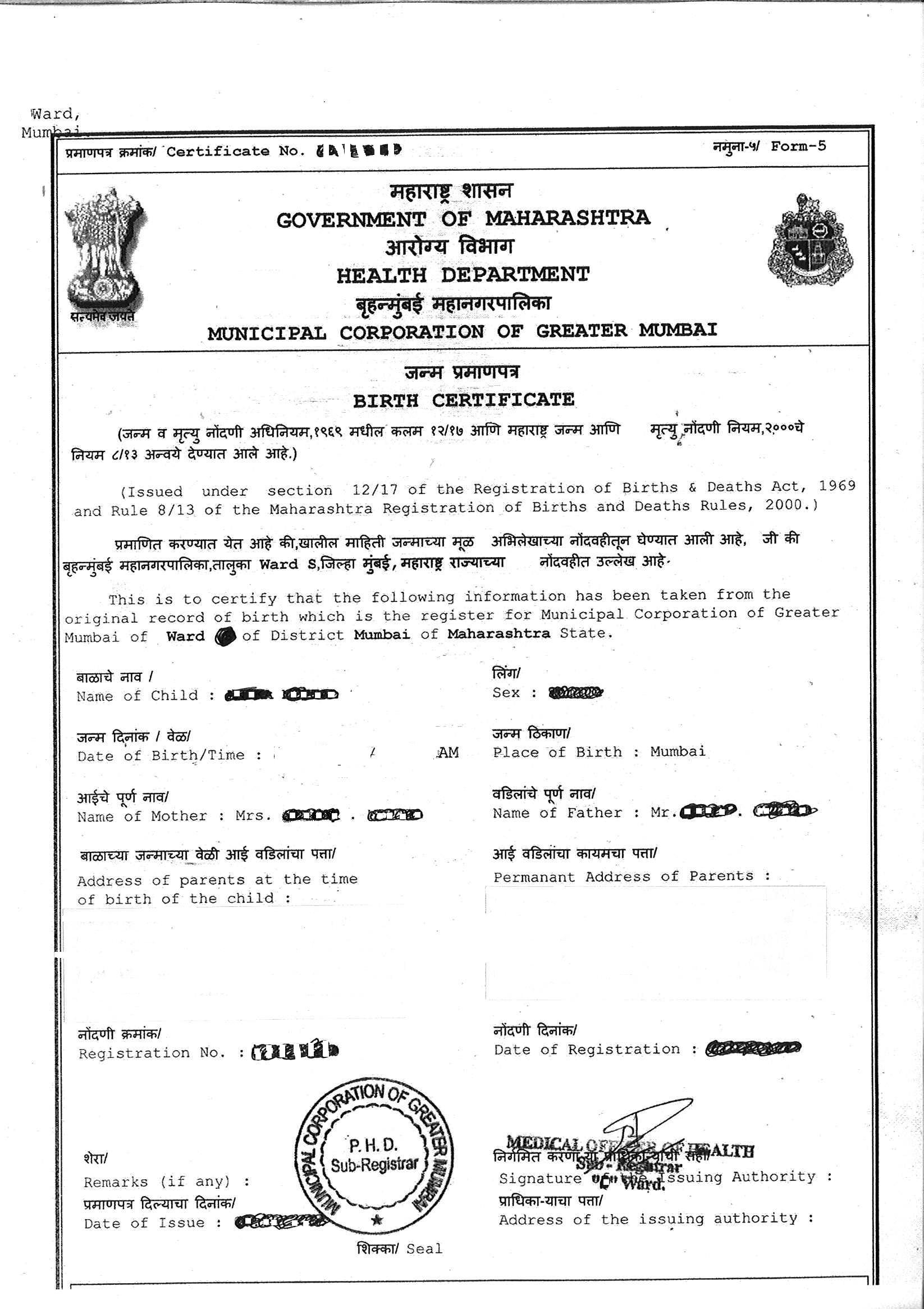 Procedure To Get Birth Certificate From Bmc (Mcgm) Mumbai With Baby Death Certificate Template