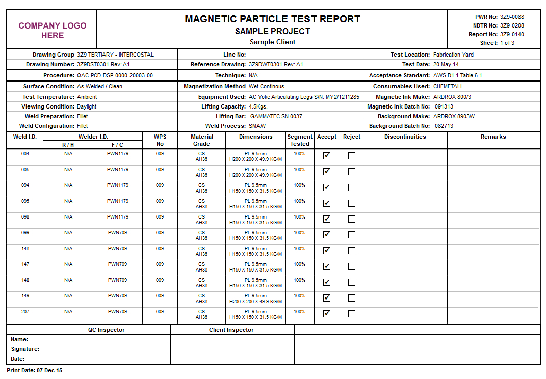 Product Detail For Welding Inspection Report Template