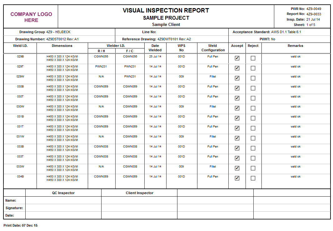 Product Detail Intended For Welding Inspection Report Template