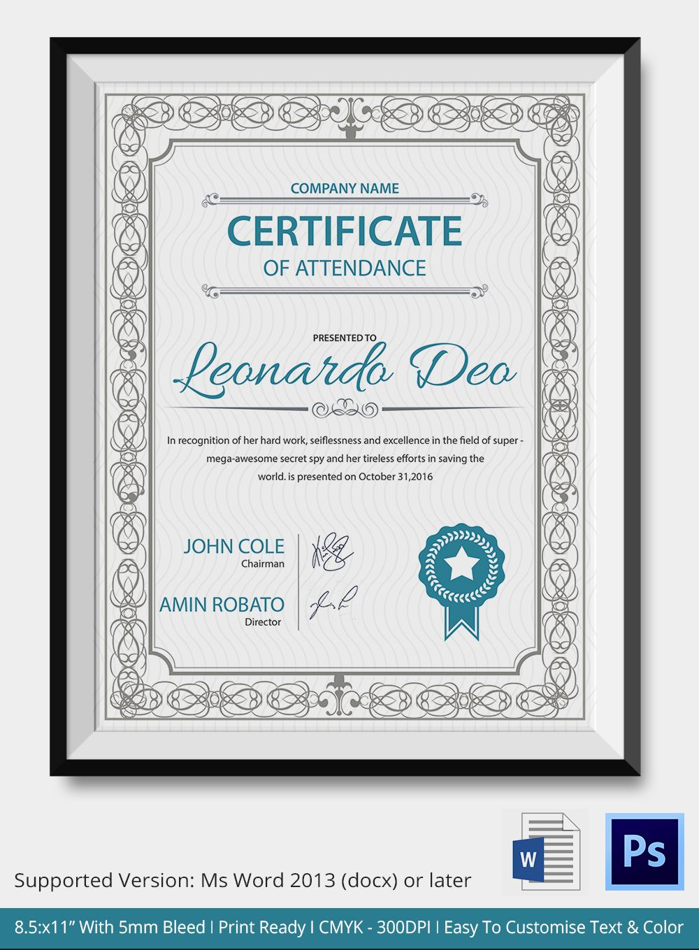 Professional Editable Certificate Of Attendance Template In Certificate Of Attendance Conference Template