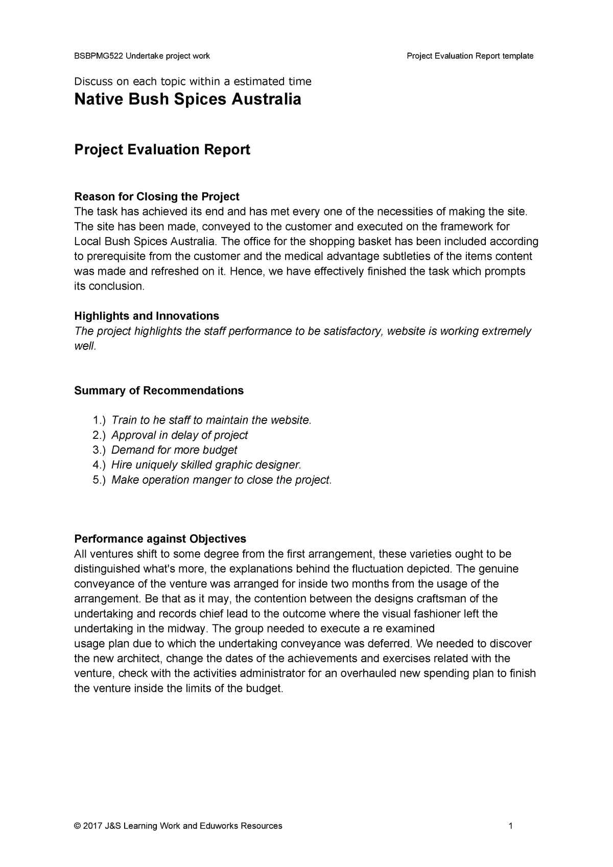 Project Evaluation Report Template V1.0 – 200392 – Uws – Studocu Inside Evaluation Summary Report Template