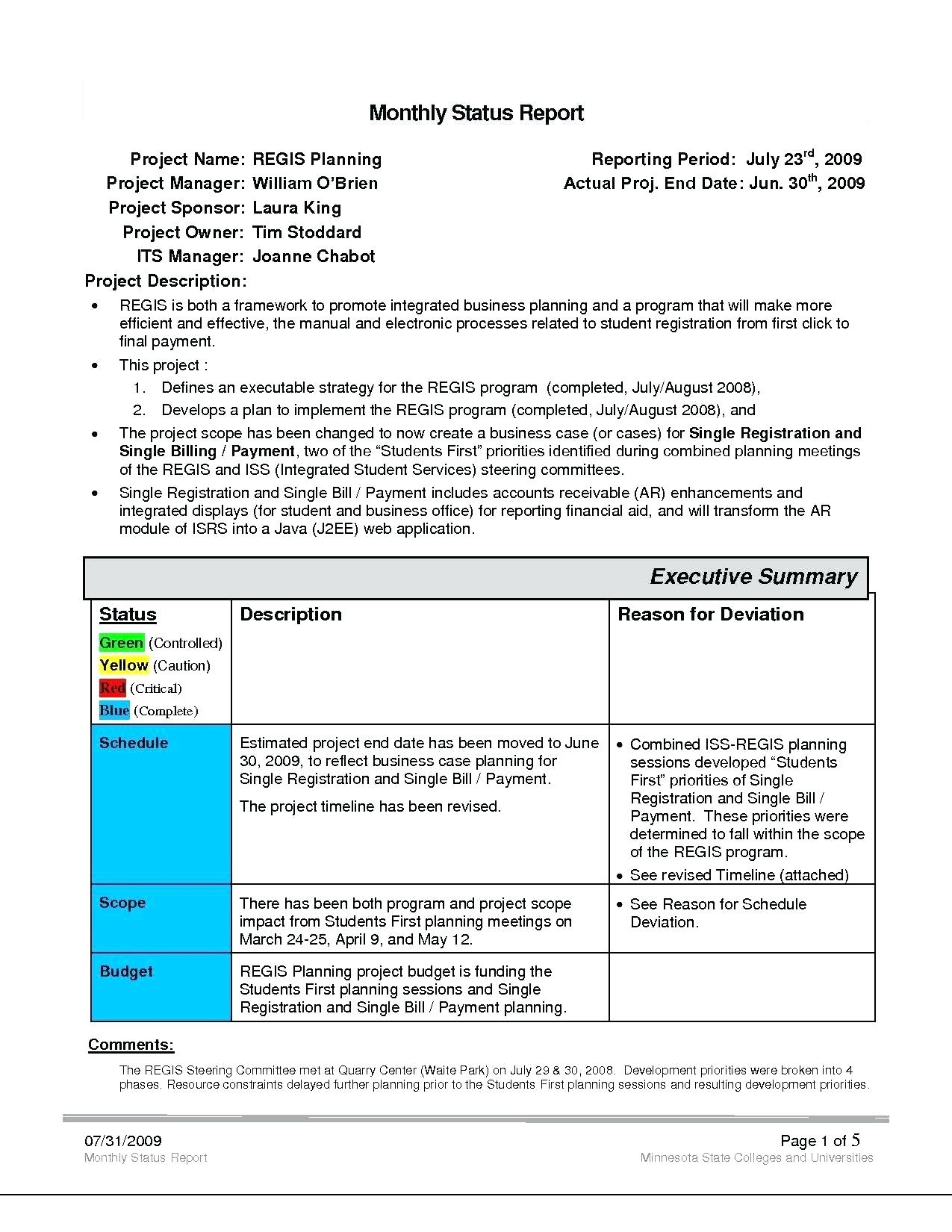 Project Management Status Report Template Reports Format Within Monthly Program Report Template
