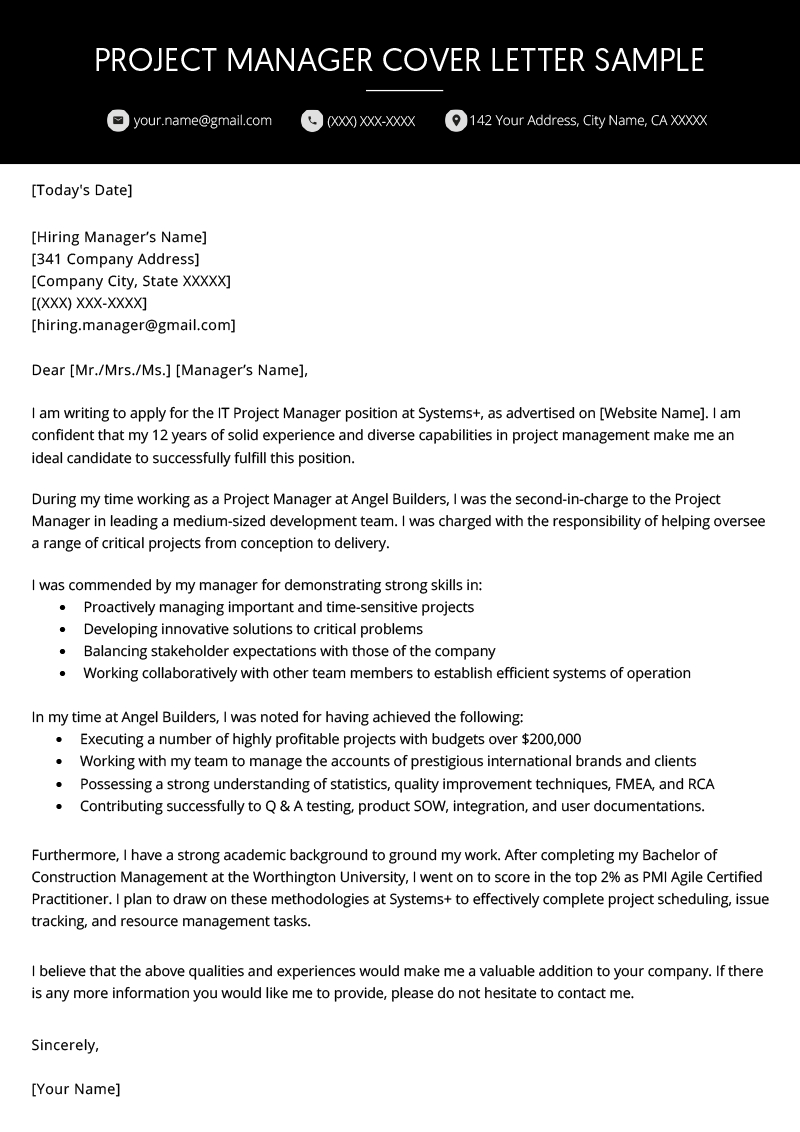 Project Manager Cover Letter Example | Resume Genius Within Letter Of Interest Template Microsoft Word