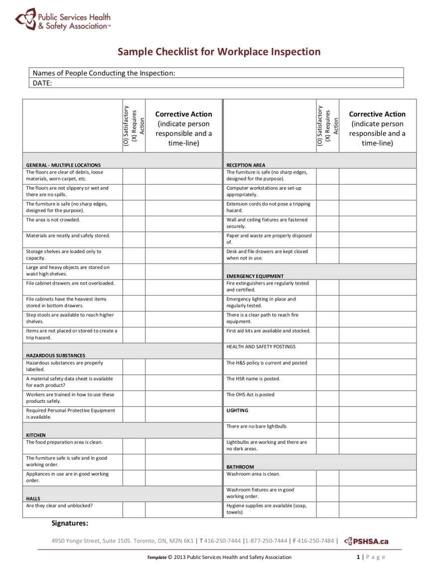 Pshsa | Sample Workplace Inspection Checklist Intended For Ohs Monthly Report Template