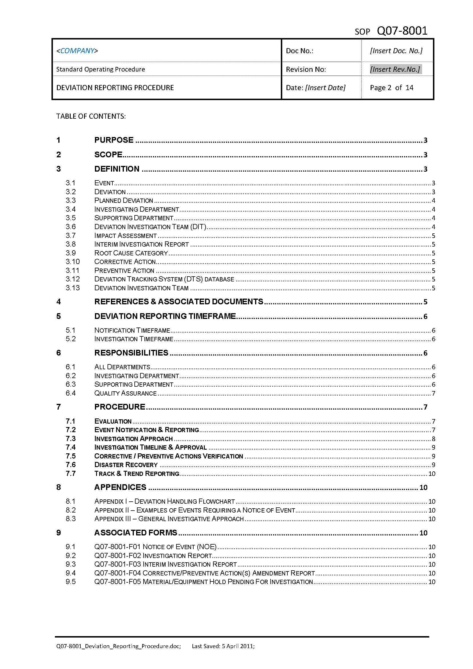 Q07 8001 Deviation Reporting Procedure - Gmp Templates Throughout Deviation Report Template