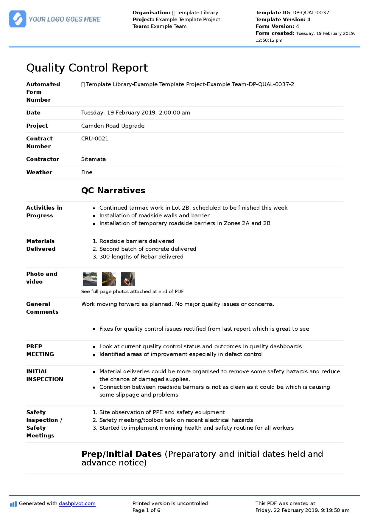 Qa Qc Report Template And Sample With Customisable Format In Report Content Page Template
