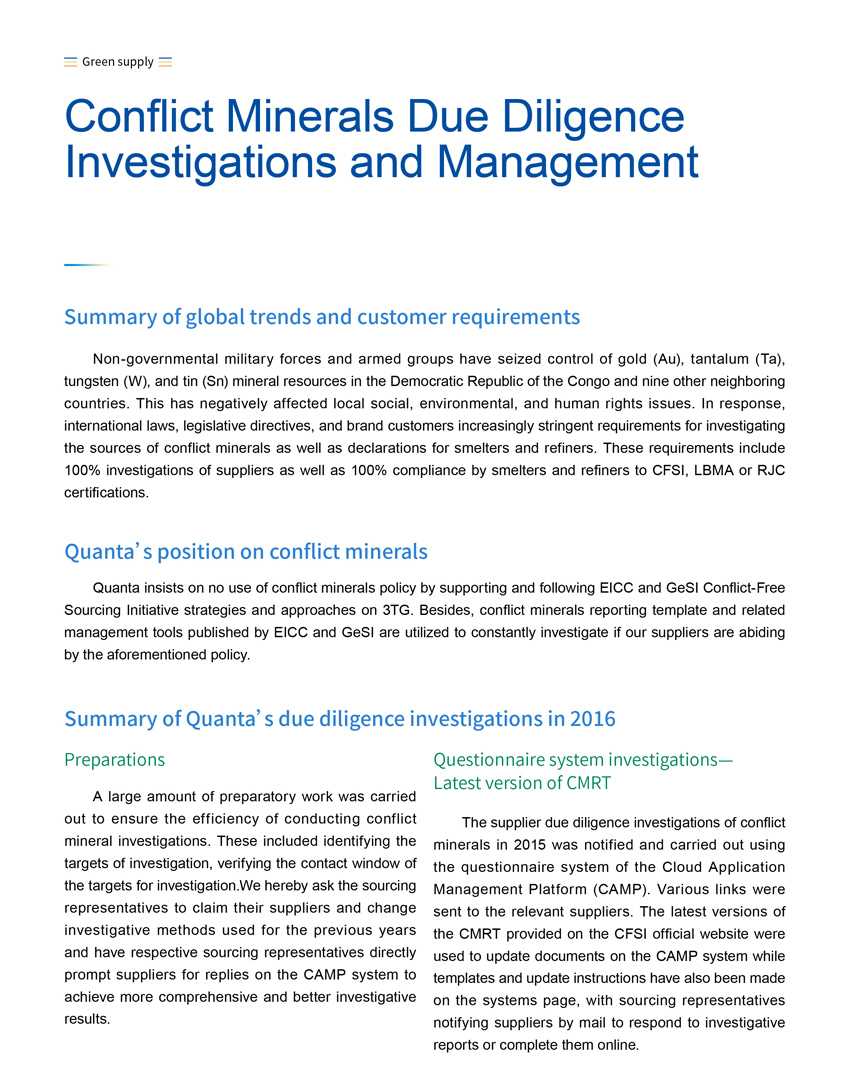 Quanta Csr Annual Report 2016 In Eicc Conflict Minerals Reporting Template