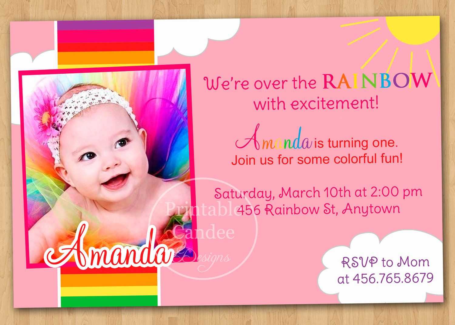 Rainbow First Birthday Invitation Via Etsy. | Photo Birthday With First Birthday Invitation Card Template