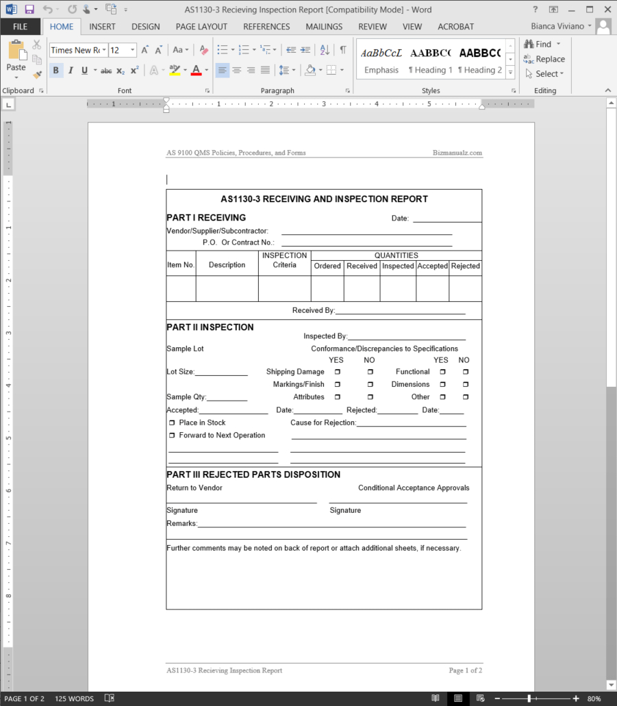 Receiving Inspection Report As9100 Template | As1130 3 Throughout Part Inspection Report Template