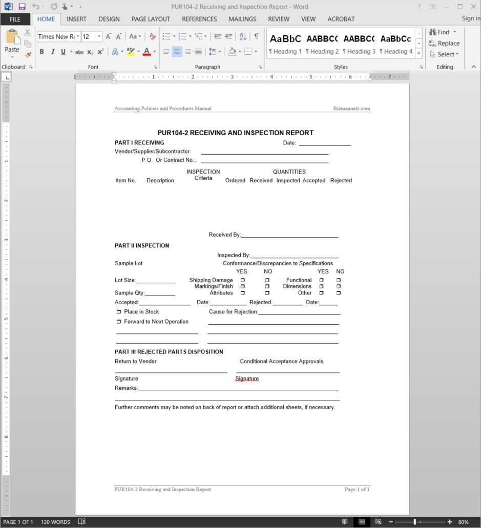 Receiving Inspection Report Template | Pur104 2 Inside Part Inspection Report Template