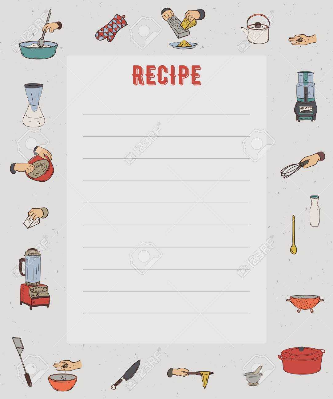 Recipe Card. Cookbook Page. Design Template With Kitchen Utensils.. Inside Recipe Card Design Template