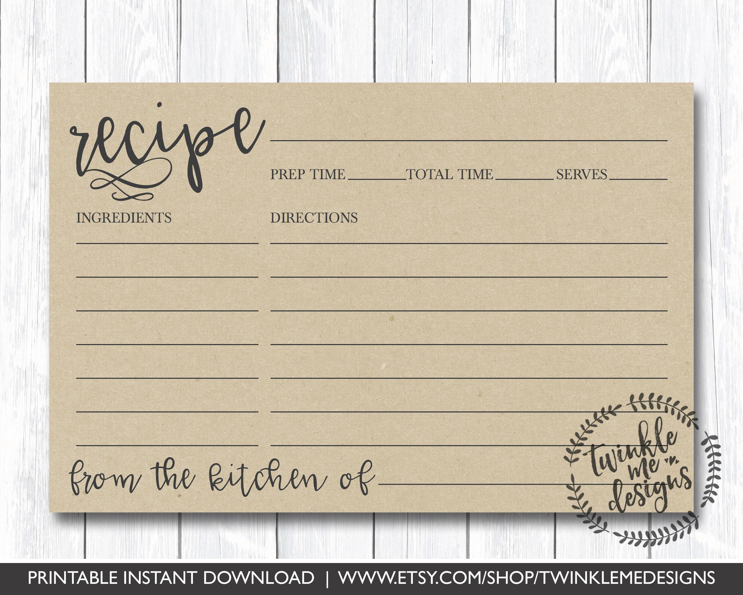Recipe Card Printable, Printable Recipe Card, Diy Recipe Intended For 4X6 Photo Card Template Free