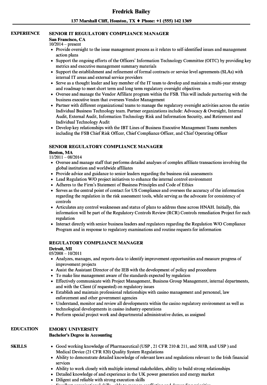 Regulatory Compliance Manager Resume Samples | Velvet Jobs With Regard To Compliance Monitoring Report Template