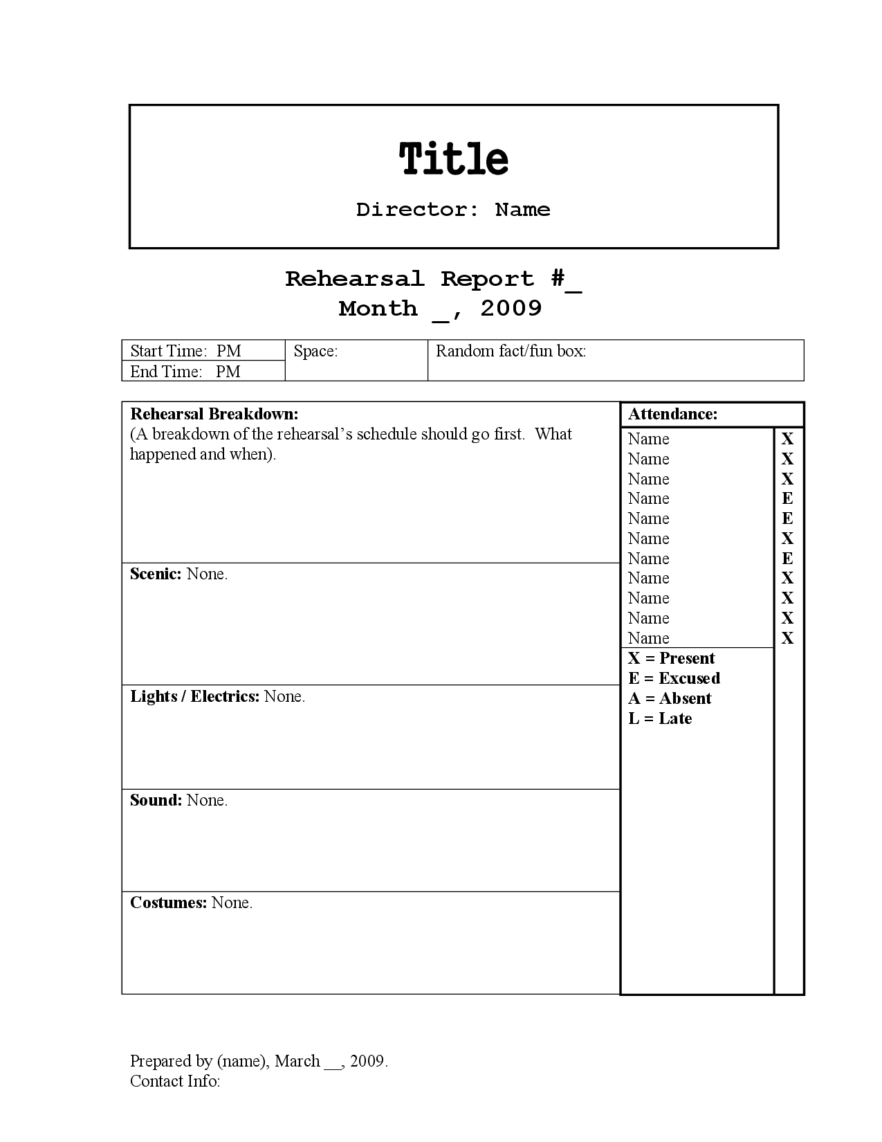 Rehearsal Report Template | Stage Manager In 2019 | Project In Sound Report Template