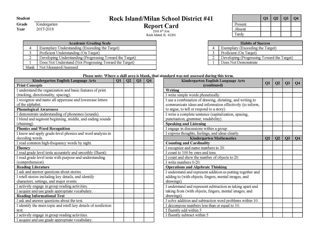 Report Card Examples – Illinois Standards Based Reporting In Kindergarten Report Card Template
