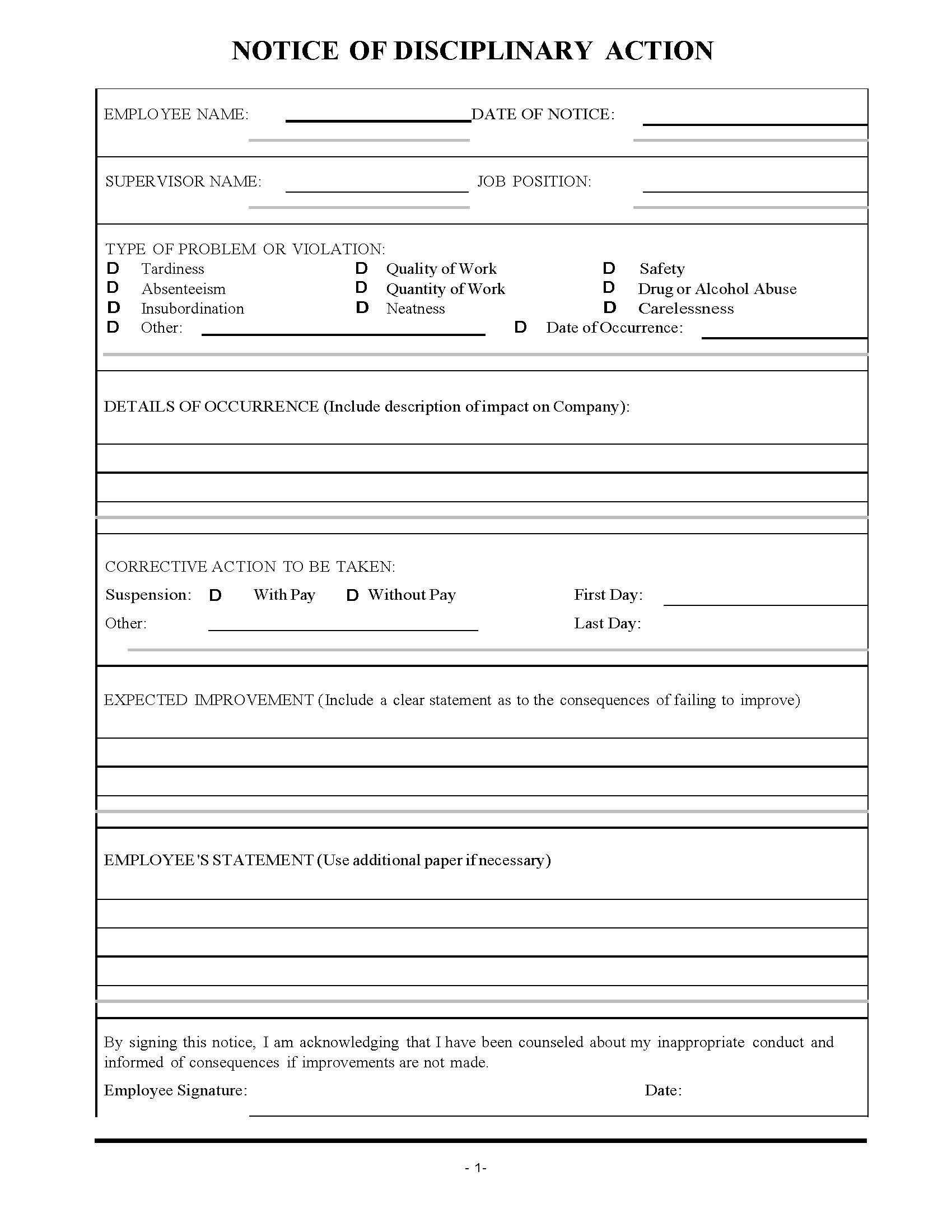 Restaurant Employee Disciplinary Action Form. | Restaurant Regarding Sample Hr Audit Report Template