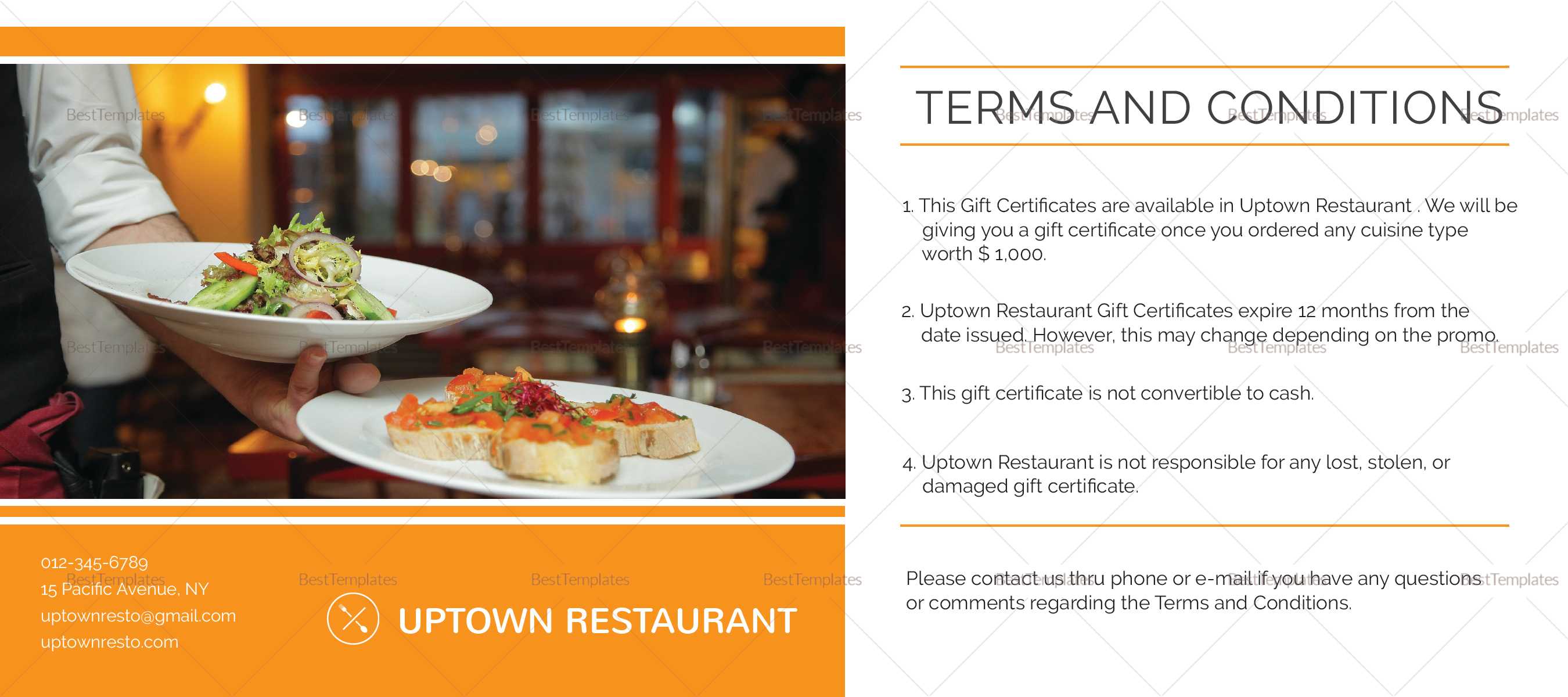 Restaurant Gift Certificate Template Inside Restaurant Gift Certificate Template