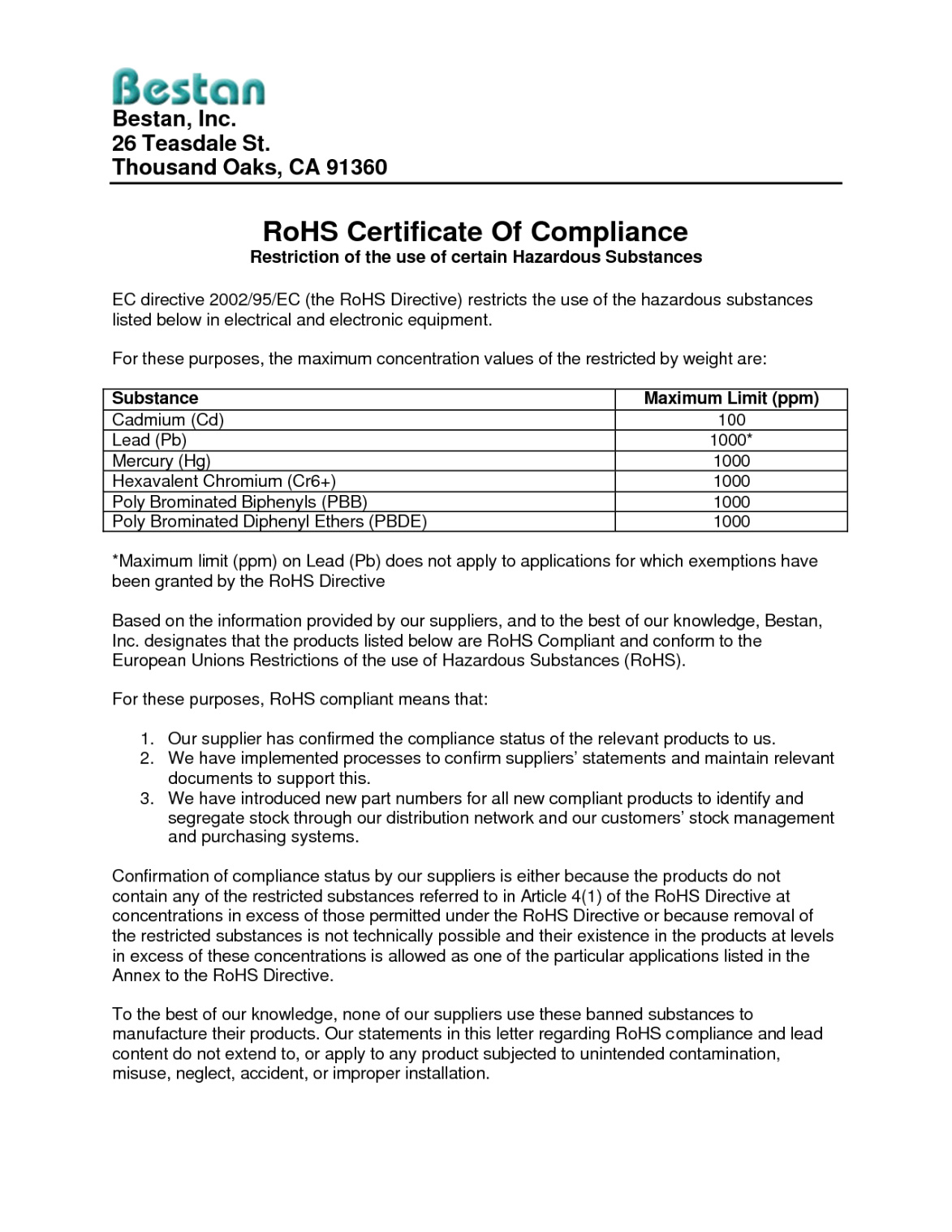Rohs Certificate Of Compliance (Certificate Of Compliance Inside Certificate Of Compliance Template